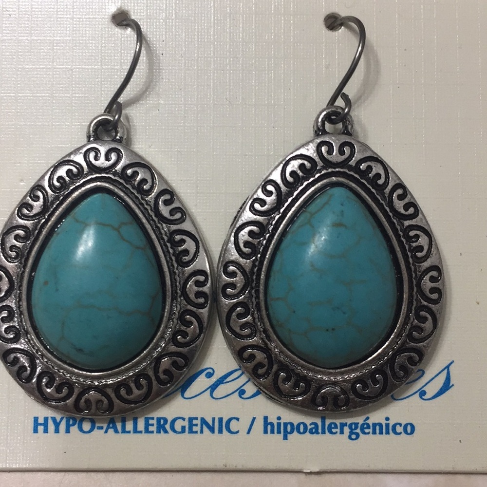 Boho Silver Teardrop Earrings With Turquoise Stone - Picture 2 of 2